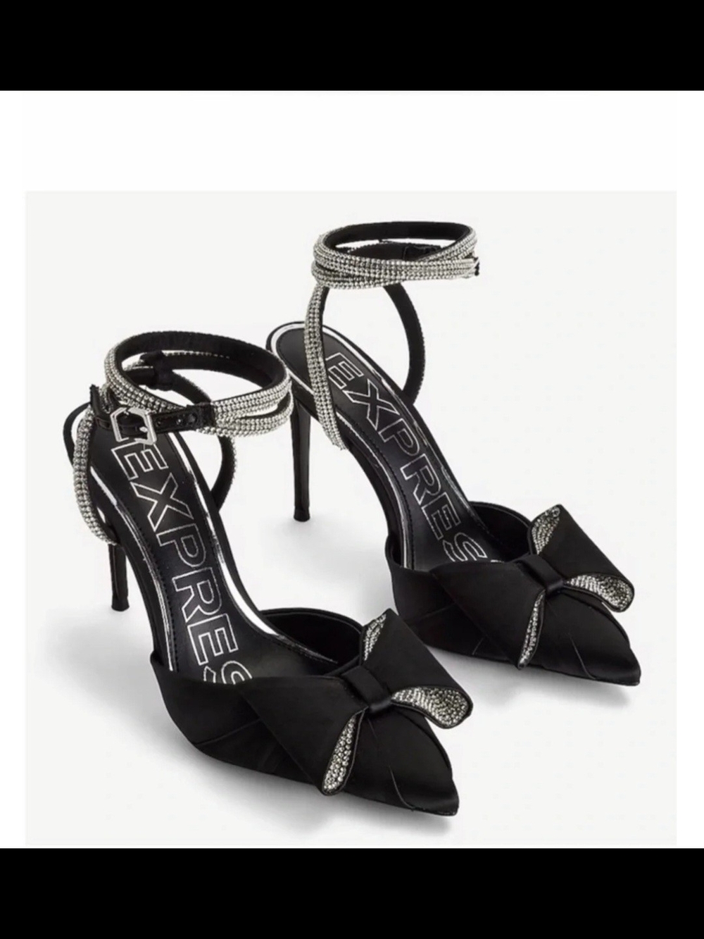 Express Women's Black Bow Pointed Toe Ankle Strap Heels
